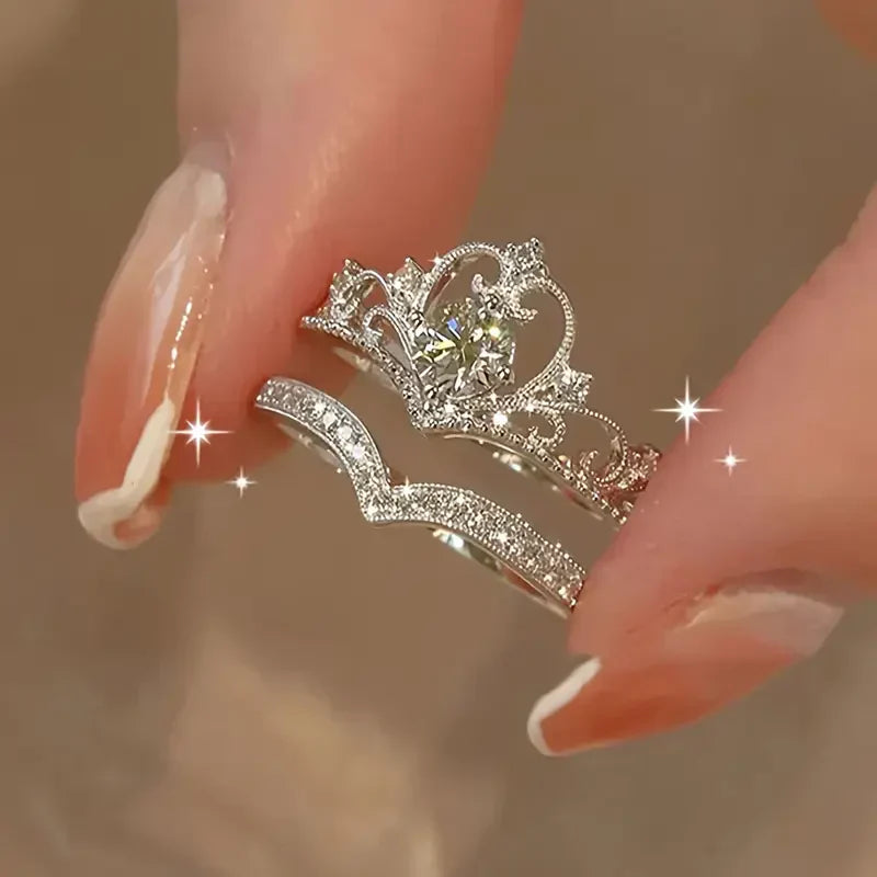 Shiny Crown Silver Ring Set | White Gold